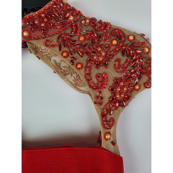 Sherri Hill Red Beaded Bandage Formal Cocktail Holiday Party Homecoming Dress 8 - Picture 10 of 11